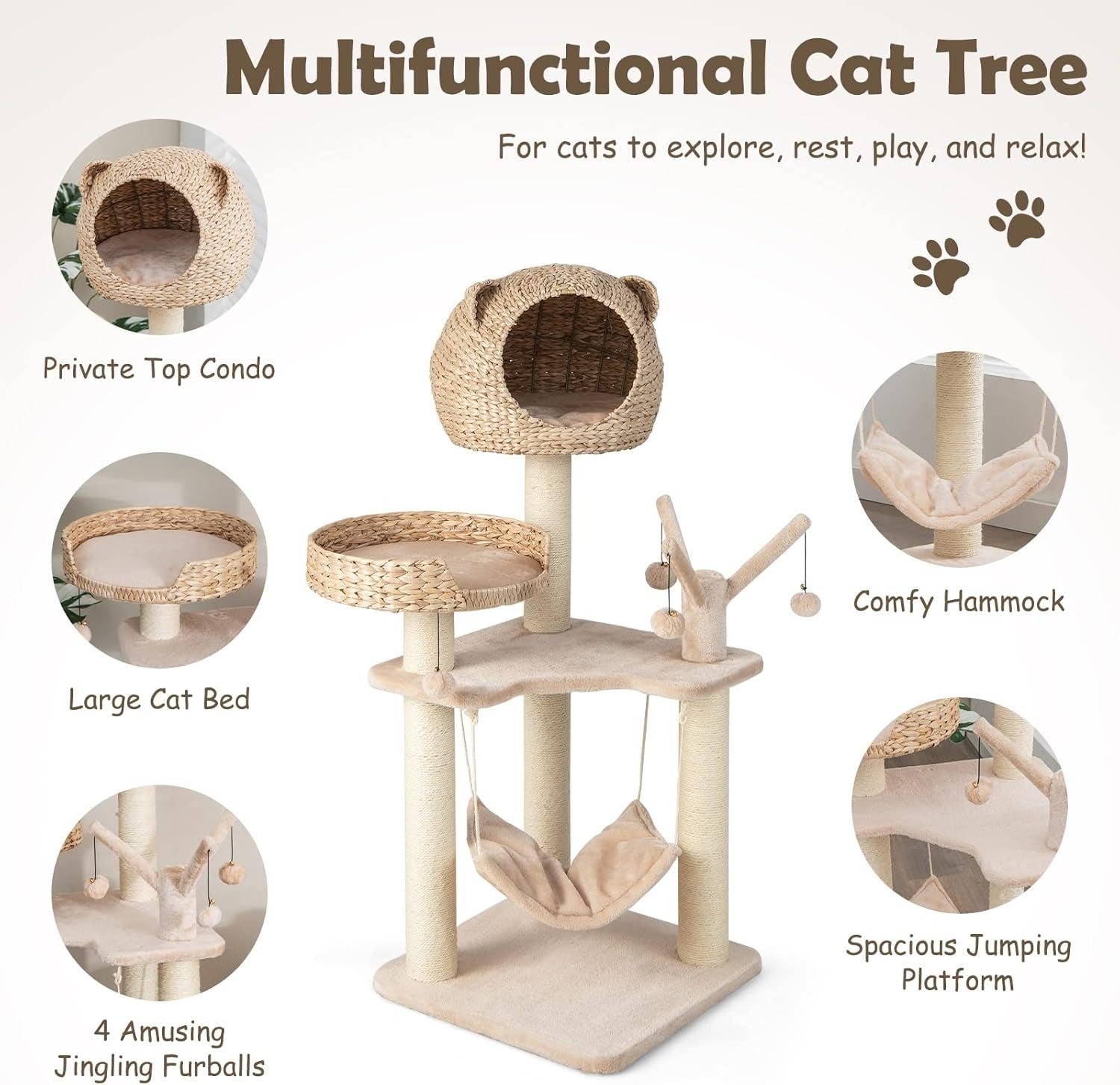Cat Tree Tower 121cm Indoor Condo Hammock Sisal Scratching Post Play Centre