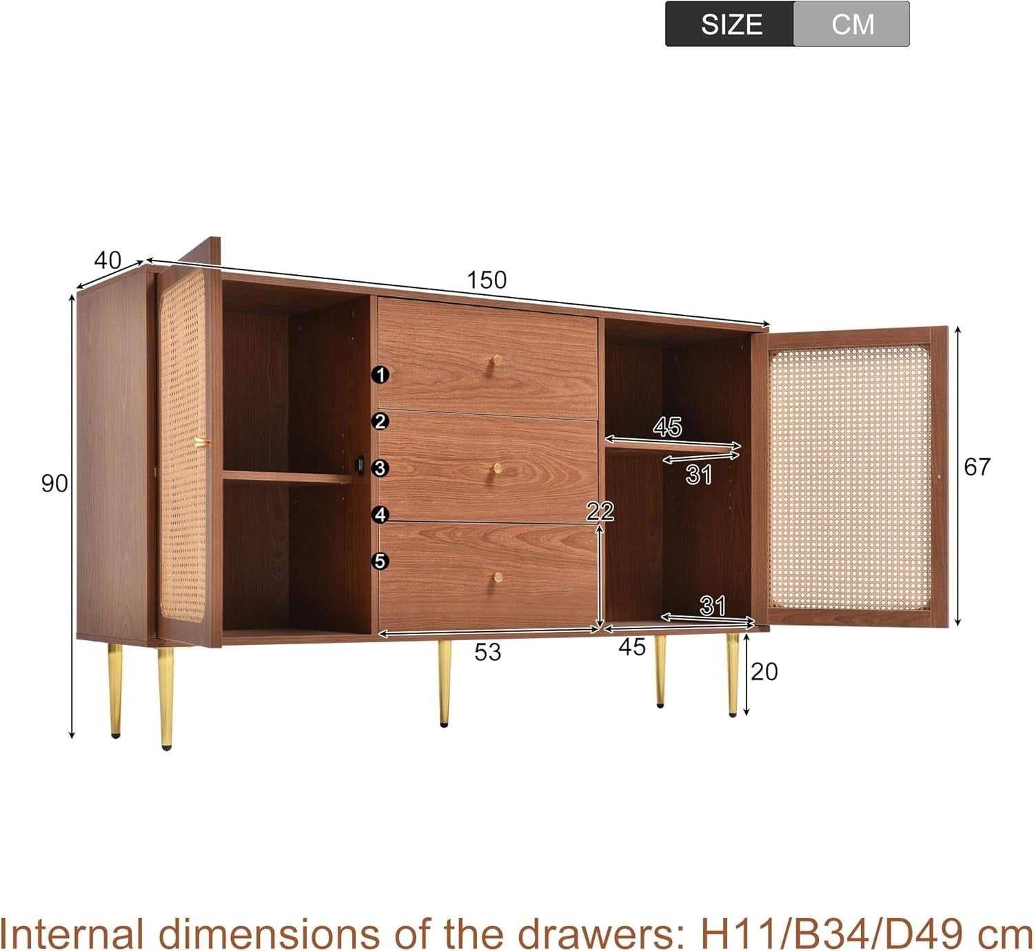 Rustic Walnut Sideboard Cabinet 2 Doors 3 Drawers Adjustable Shelf Living Room