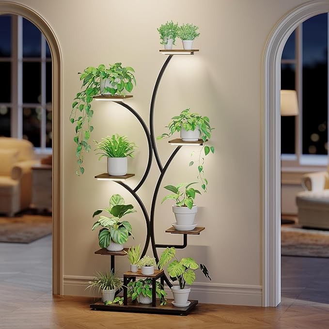 8 Tier Metal Wooden Plant Stand with LED Grow Lights Indoor Tall Flower Shelf
