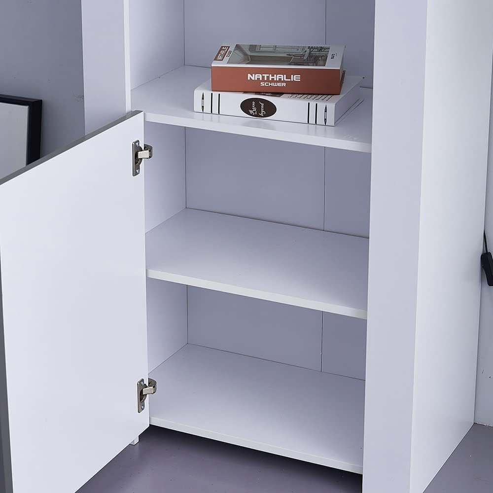 Tall LED Display Cabinet Grey High Gloss Glass Shelves Modern Showcase Cupboard