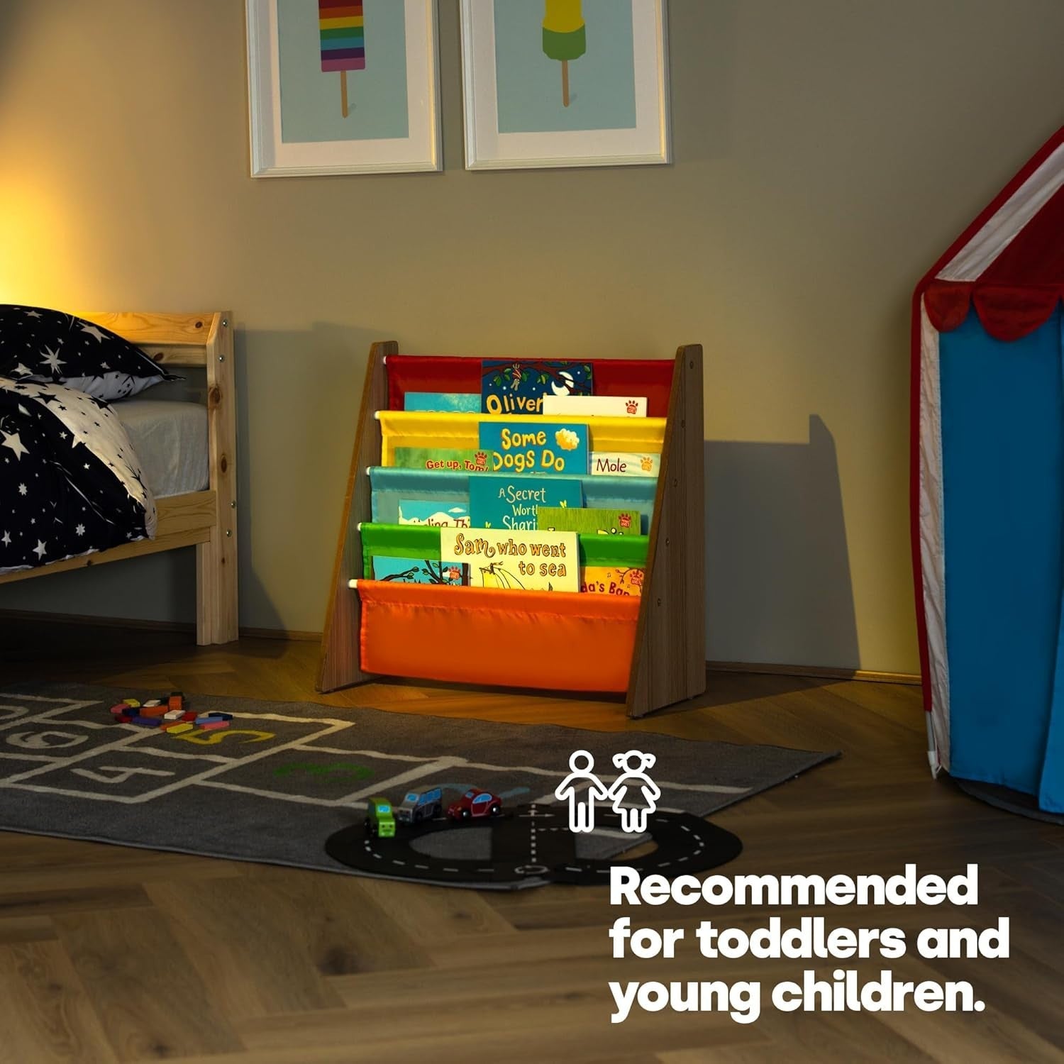 Kids Wooden Sling Book Rack – 4-Tier Colourful Fabric Bookshelf Storage