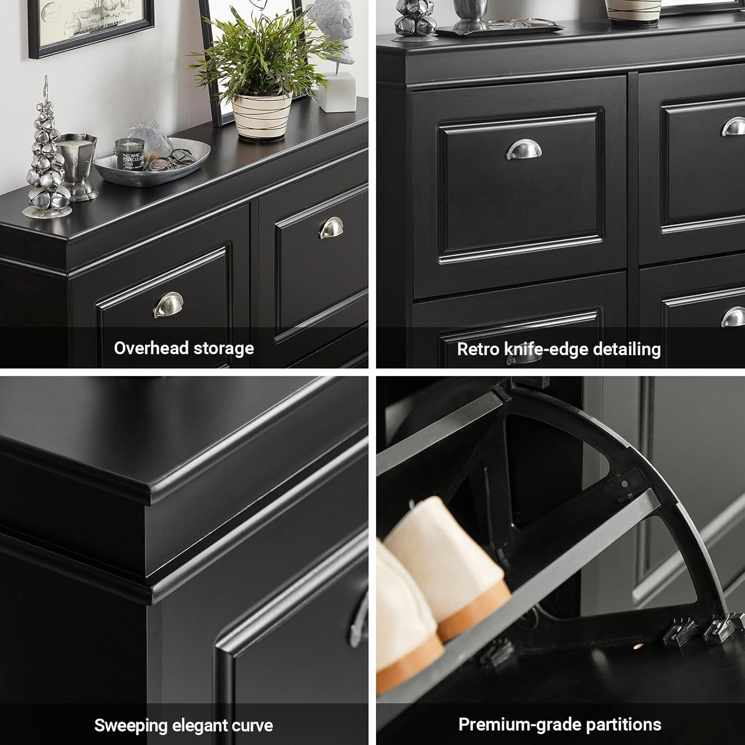 Slim Black Shoe Rack Cabinet with 4 Flip Drawers – Lockable Storage 105x24x82cm