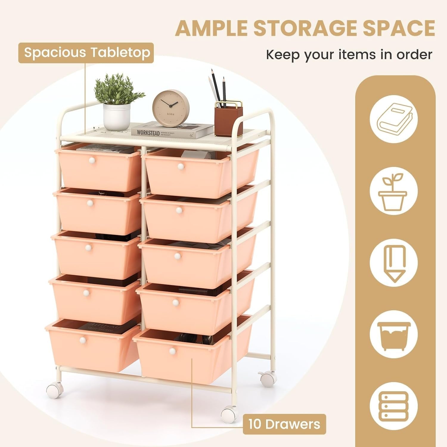 10 Drawer Peach Storage Trolley Rolling Organizer Cart with Wheels