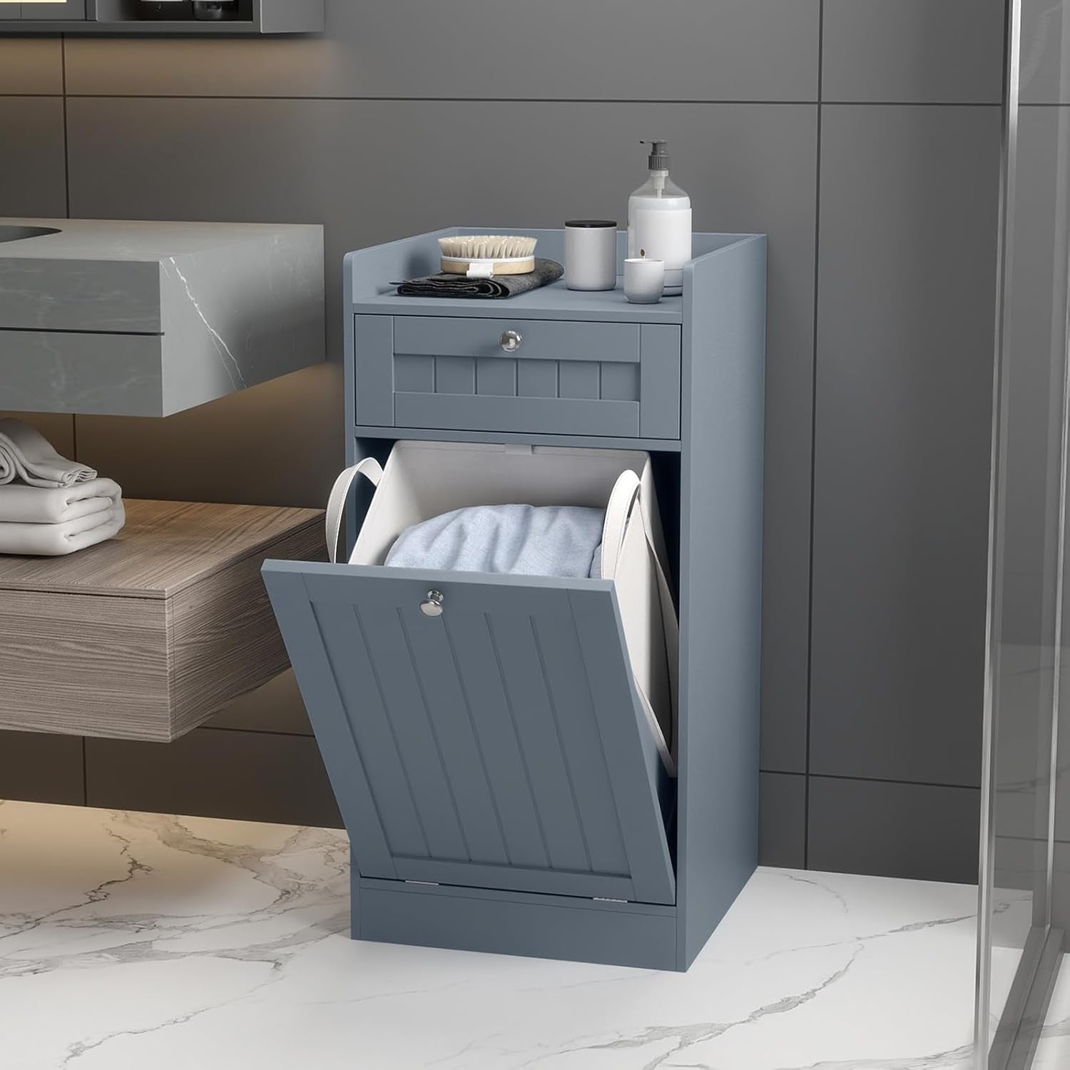 Grey Tilt-Out Laundry Cabinet with Drawer Removable Liner Bathroom Storage Unit