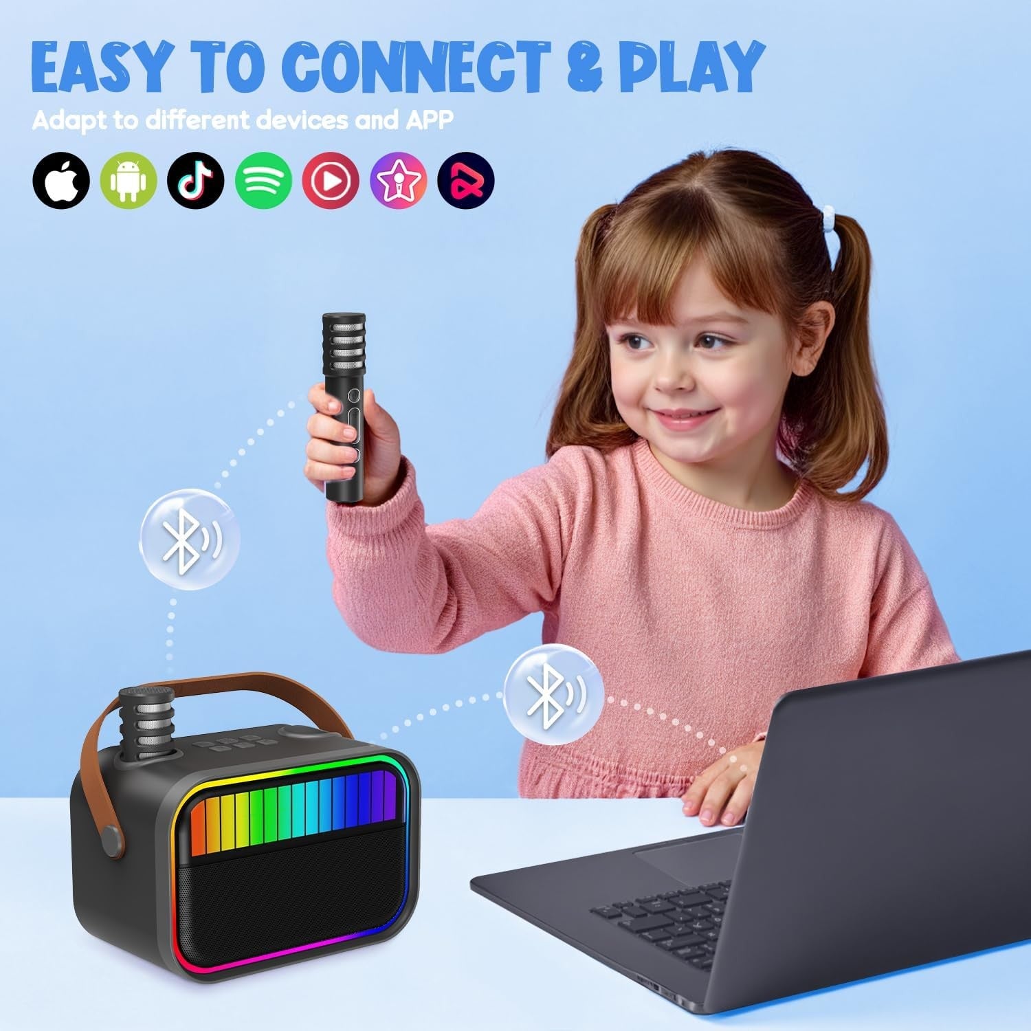 Kids Karaoke Machine 2 Mics Bluetooth LED Party Speaker Black