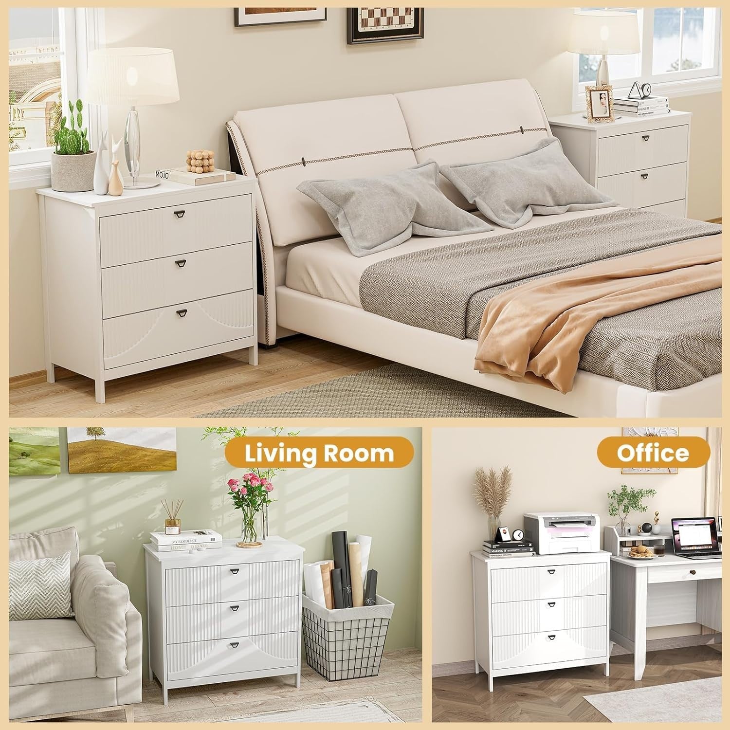 3-Drawer White Wooden Chest Dresser Storage Cabinet for Bedroom & Living Room
