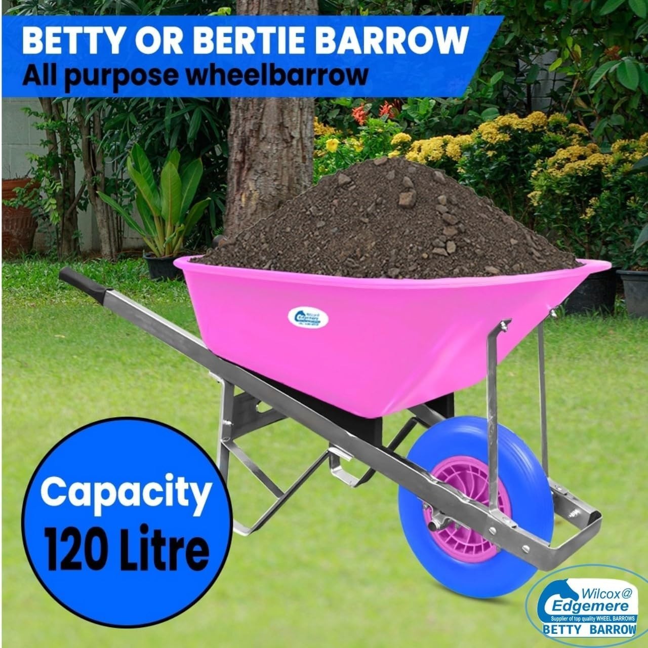 120L Garden Wheelbarrow – Pink/Blue – PU Tubeless Tyre Heavy Duty Frame