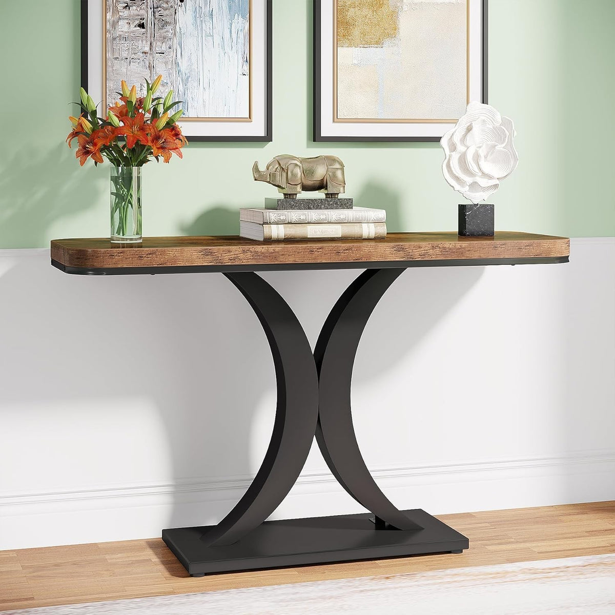Rustic Narrow Console Table 30” Entryway Accent Table with Geometric Base