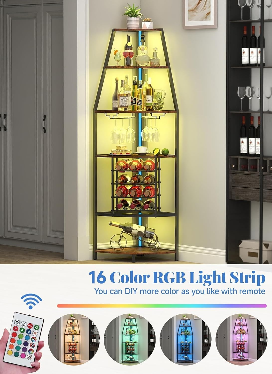 6-Tier Corner Wine Rack with LED Lighting | Bottle & Glass Storage Home Bar