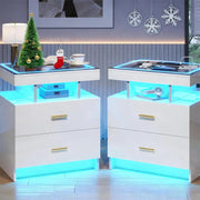 Set of 2 White LED Bedside Tables Wireless Charging, Glass Top & Drawers