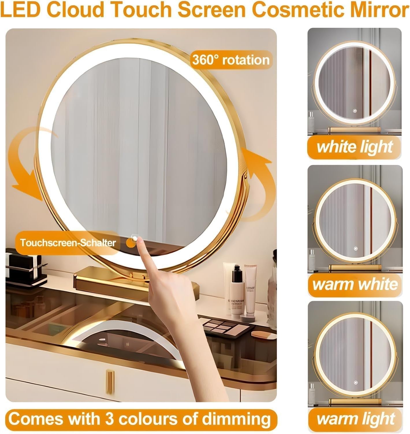 White-Gold Vanity Desk with LED Mirror & Sideboard | Makeup Dressing Table Set