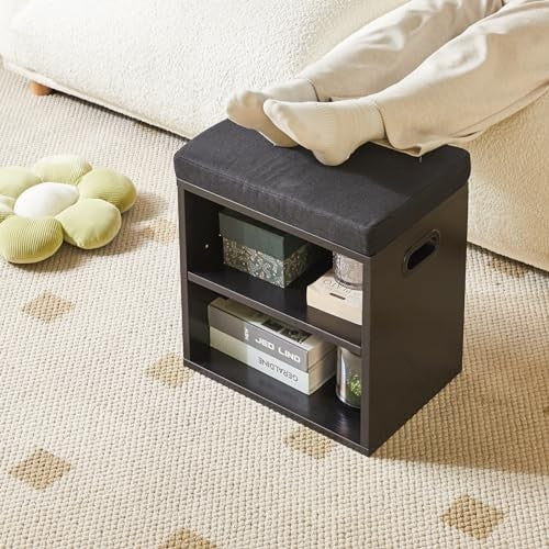 Black 2 Tier Shoe Bench with Cushion Adjustable Storage Rack for Entryway