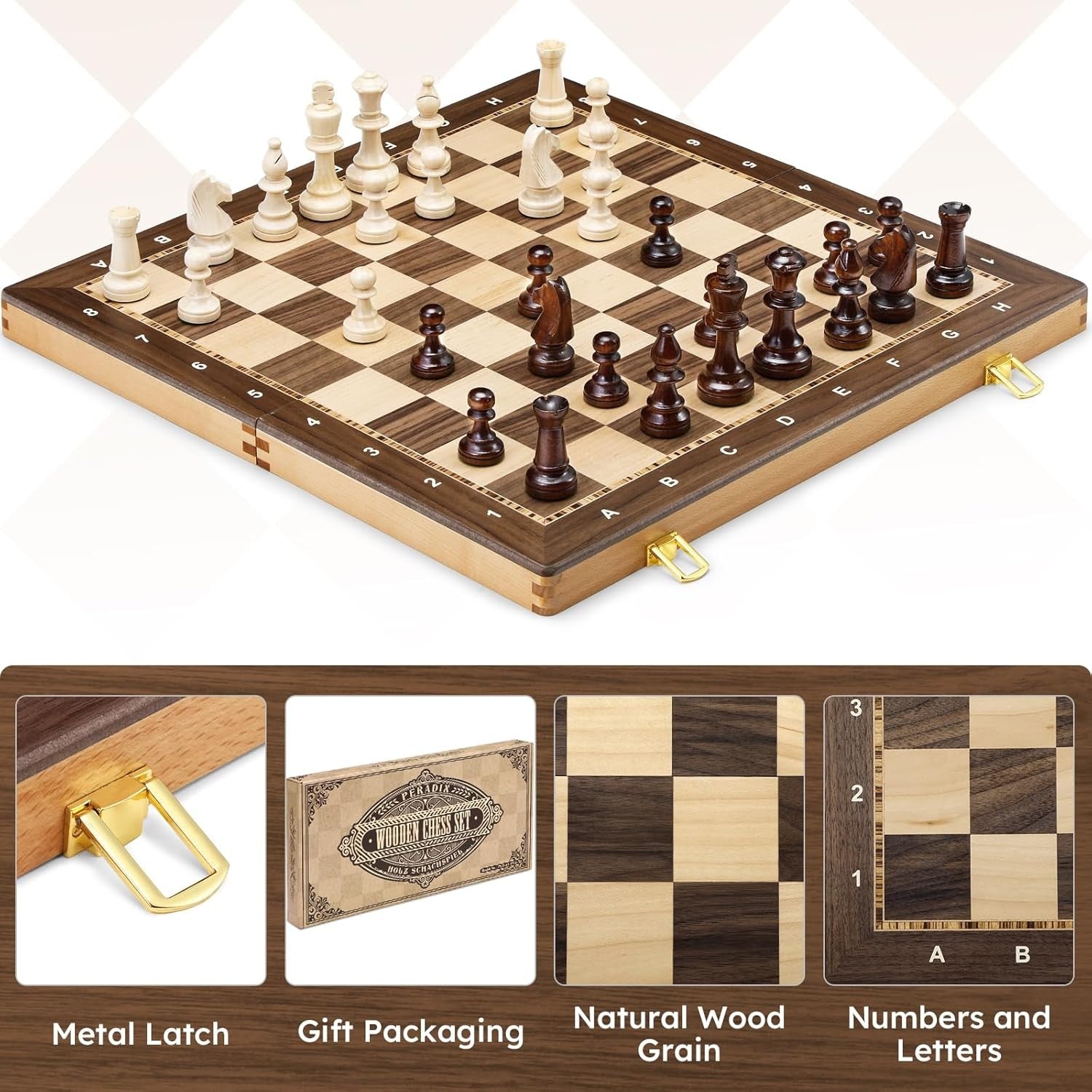 Large 19" Wooden Chess Set Foldable Tournament Board Weighted Pieces Extra Queen