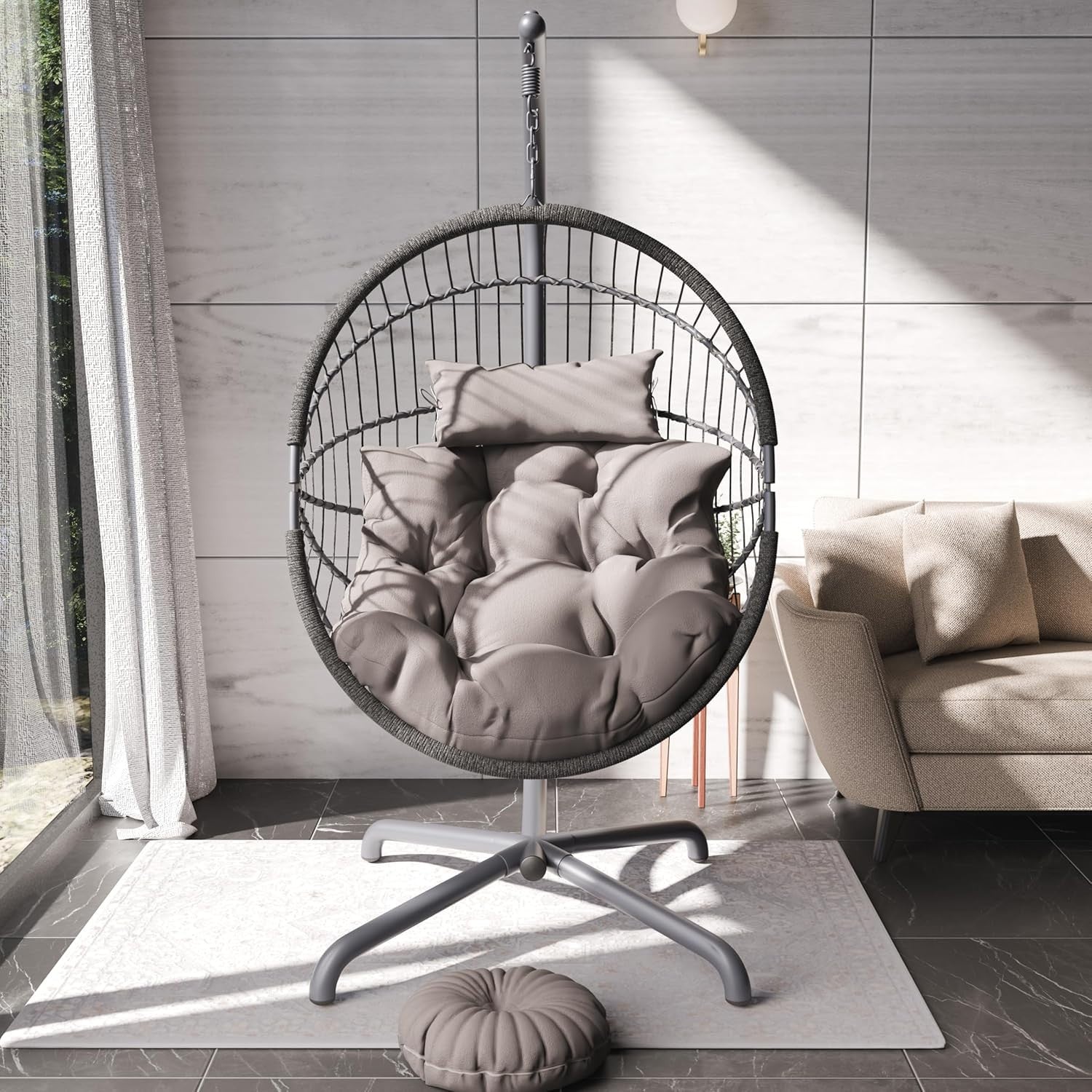 Dark Grey Hanging Egg Chair with Stand Adjustable Swing Indoor Outdoor Seat