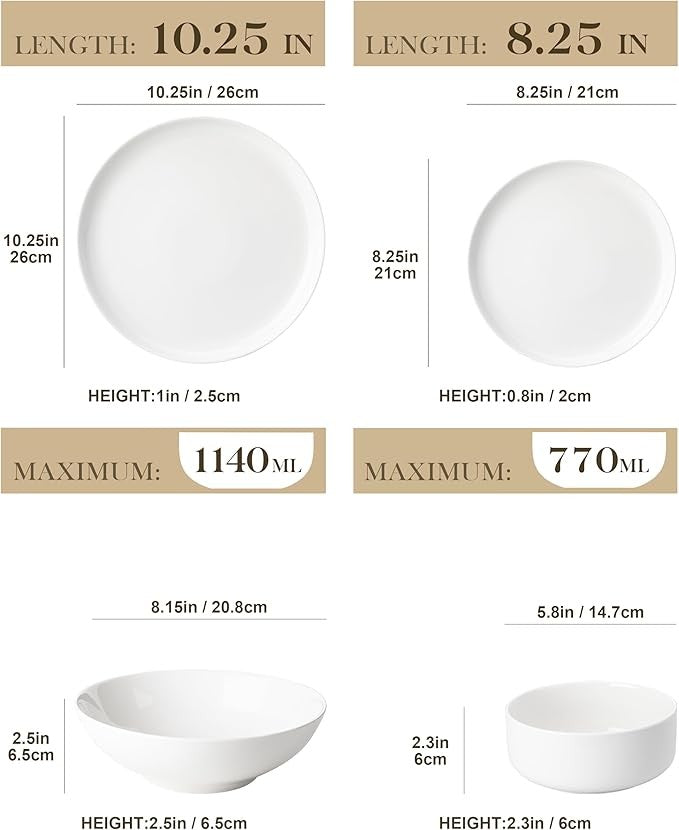 24 Piece White Dinner Set Plates Bowls Porcelain Service for 6 Chip Resistant