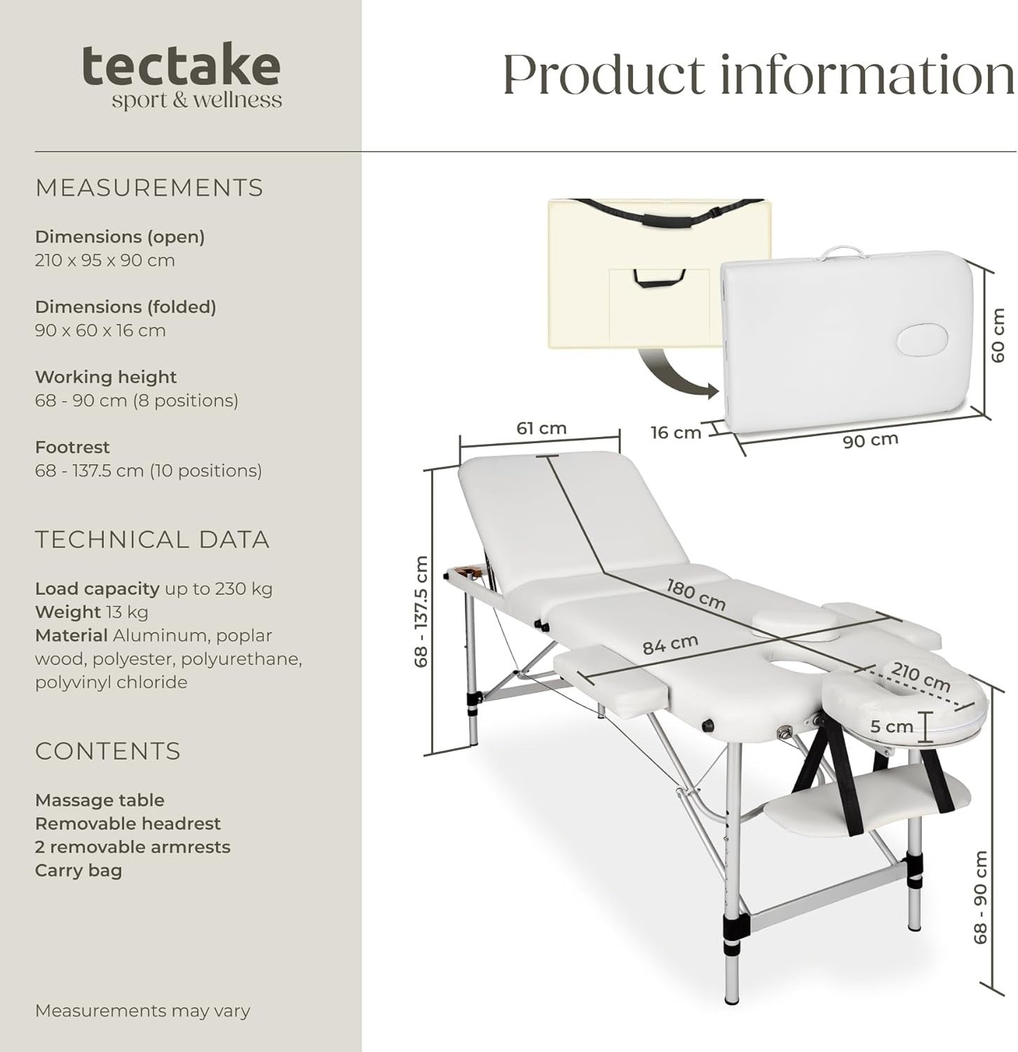 Portable 3 Section Massage Table Foldable Spa Beauty Bed 61cm Adjustable White