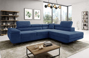 Right Hand Corner Sofa Bed with Storage, Corduroy Blue, Adjustable Headrests