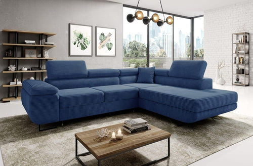Right Hand Corner Sofa Bed with Storage, Corduroy Blue, Adjustable Headrests