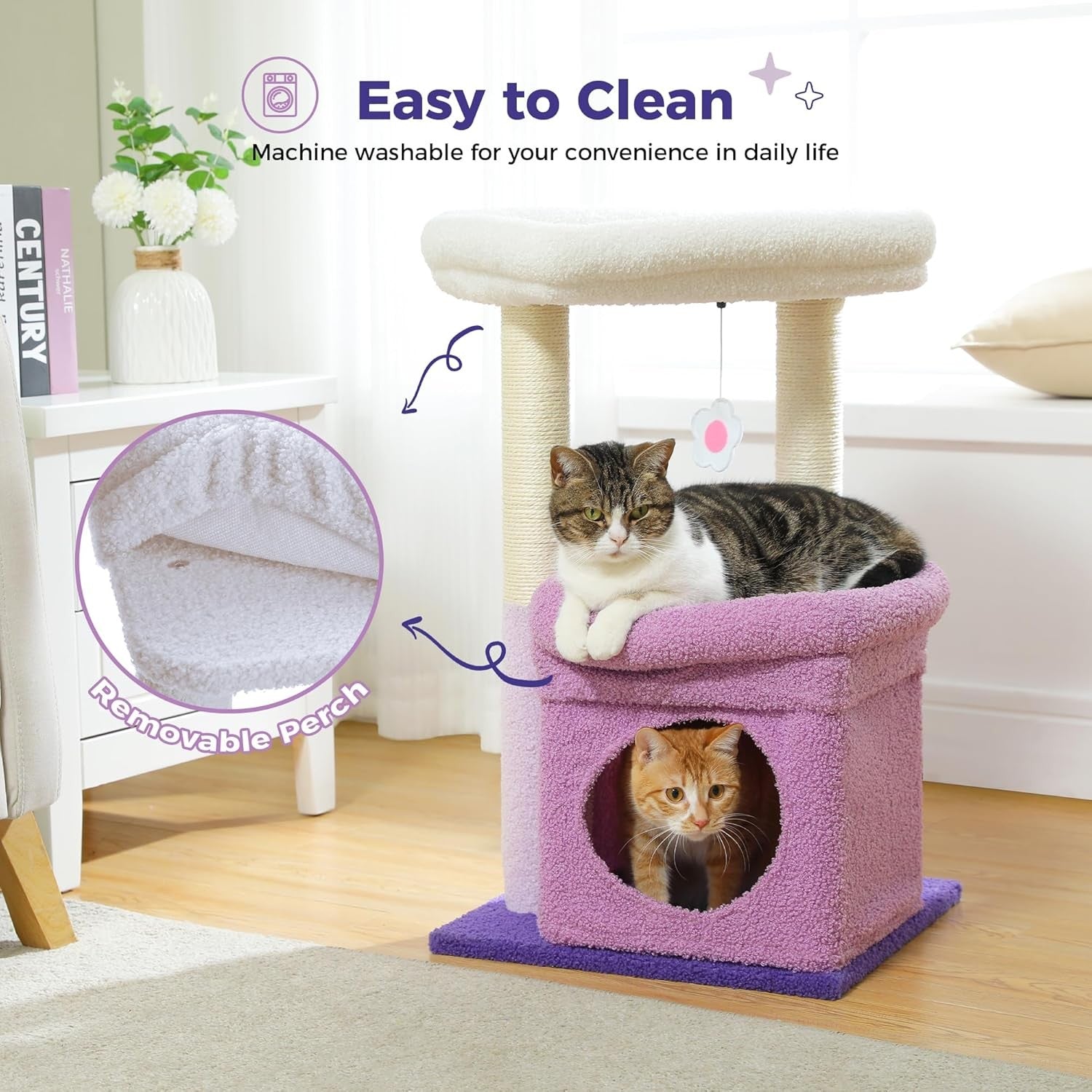 Small Cat Tree Tower with Condo Top Perch Sisal Scratching Post Purple