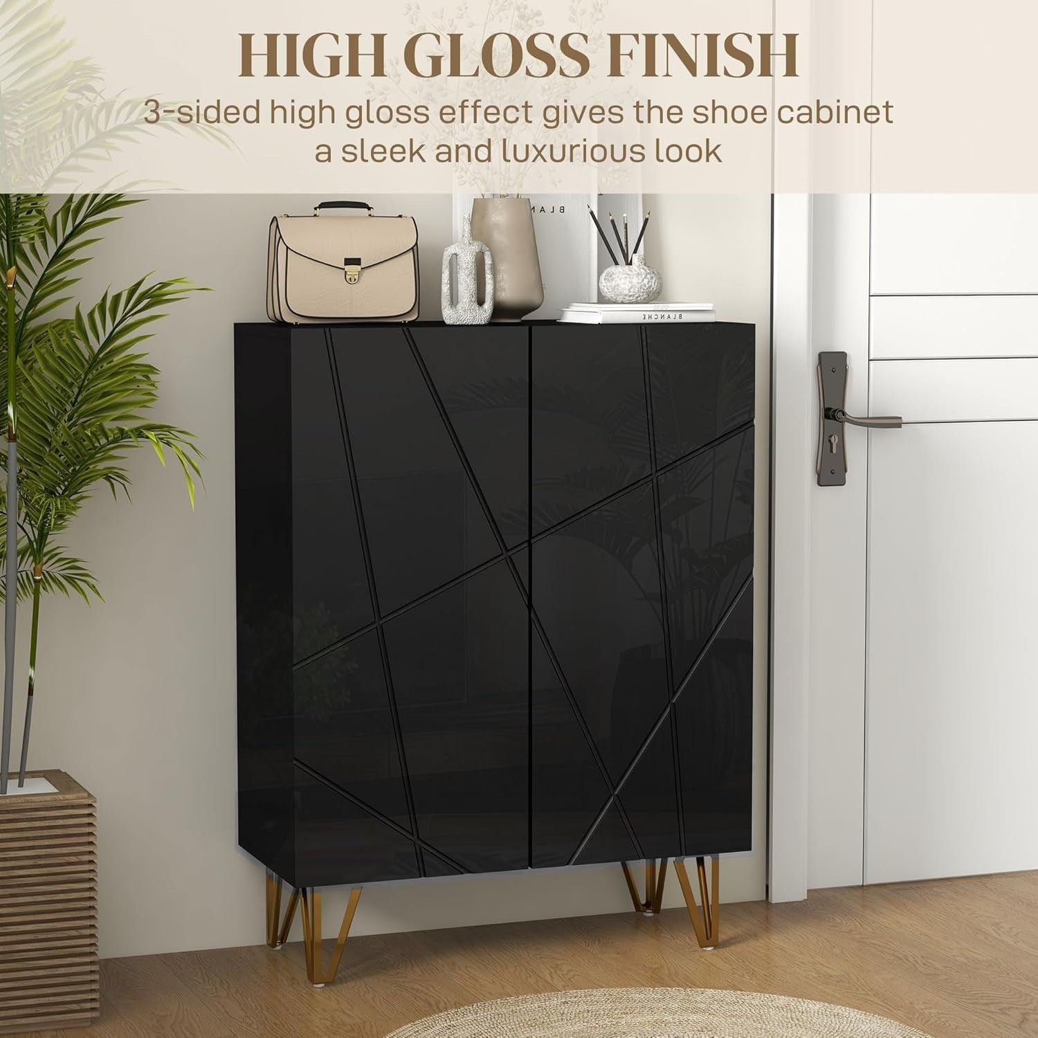 Slim High Gloss Black Shoe Cabinet with Soft-Close Doors & Adjustable Shelves