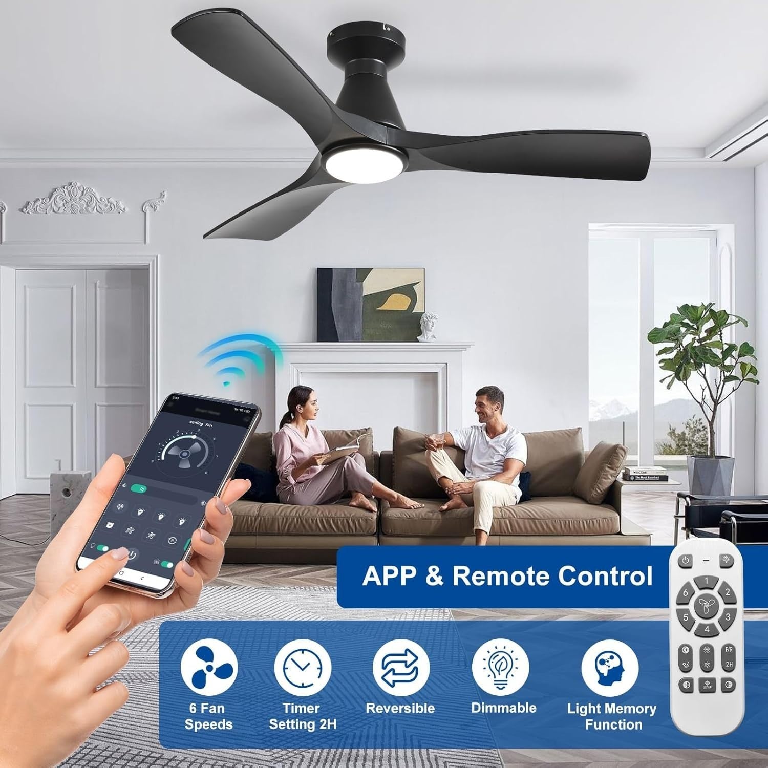 42" Ceiling Fan Light, 3-Blade Low Profile LED, Quiet Reversible Black