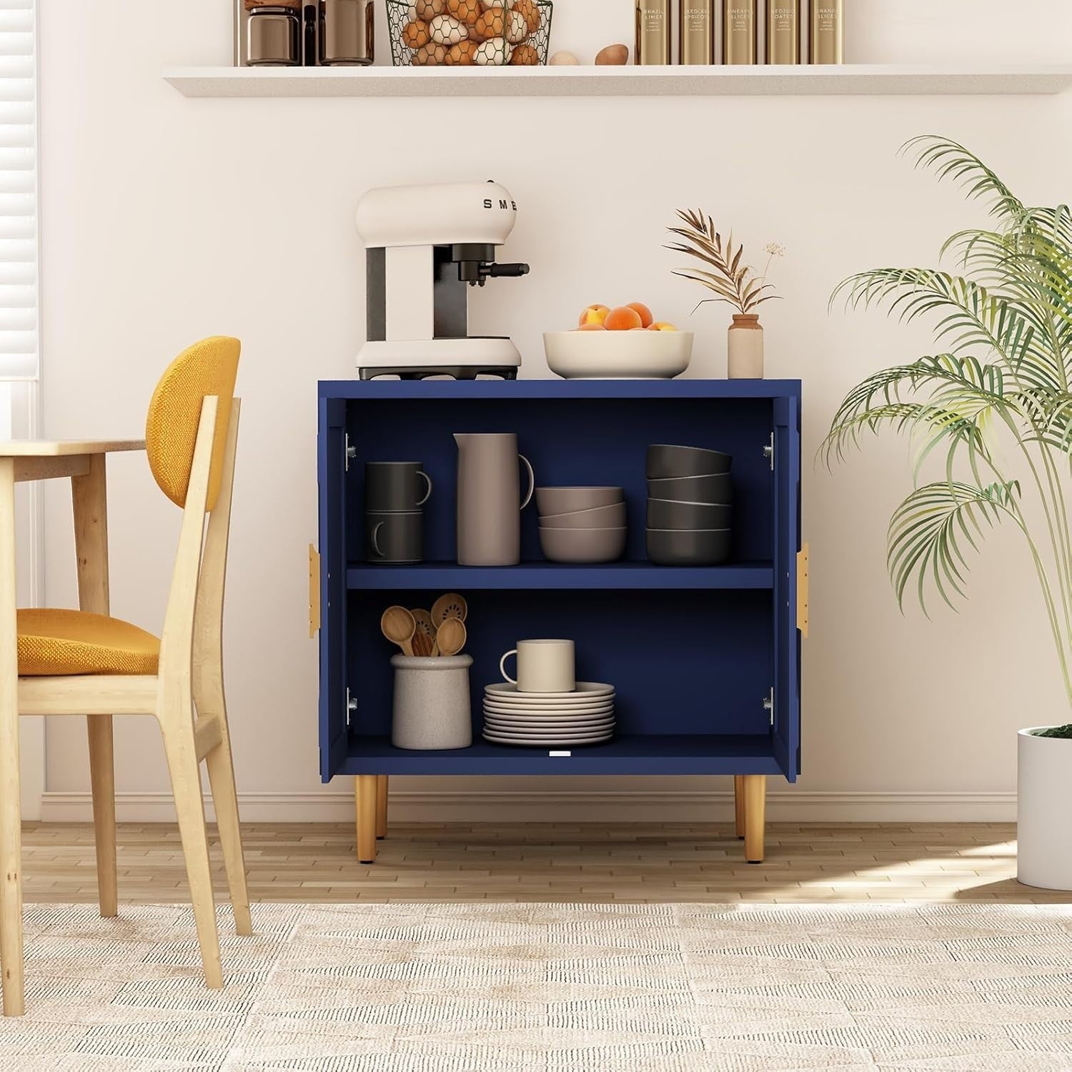 Modern 2-Door 3D Embossed Sideboard Storage Cabinet Blue with Gold Legs