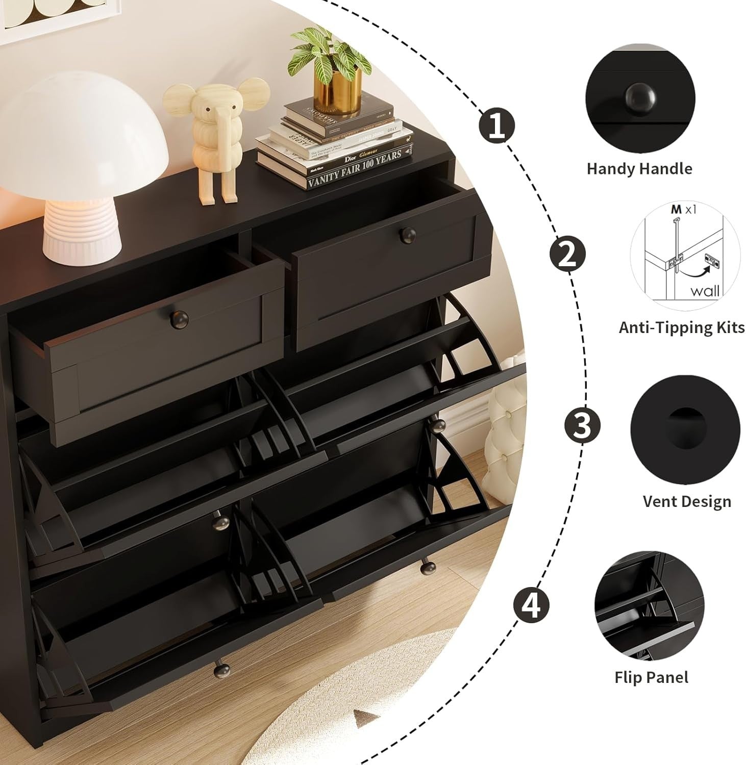 Slim Shoe Cabinet with 4 Flip Drawers & 2 Storage Drawers – Space Saving