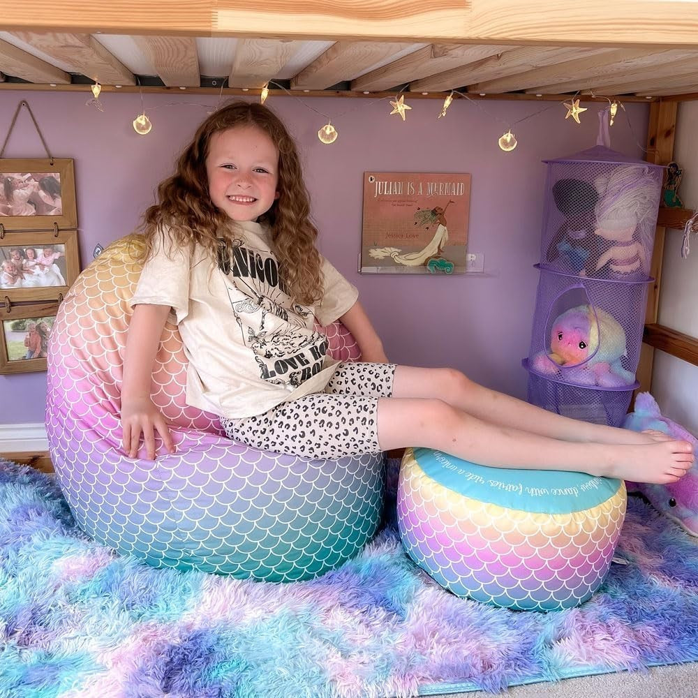 Kids Mermaid Bean Bag Chair with Footstool – Washable & Comfy Seat