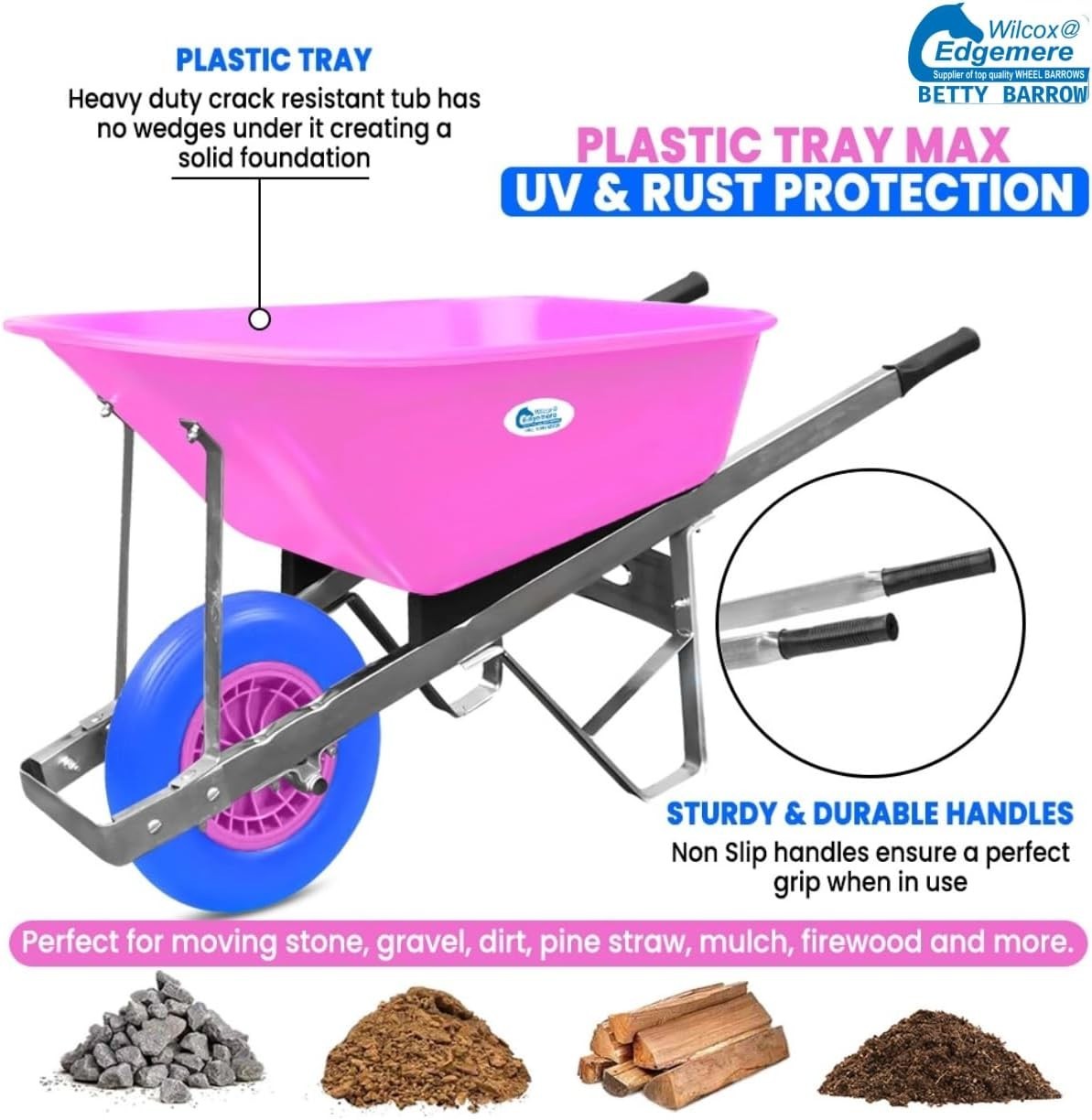 120L Garden Wheelbarrow – Pink/Blue – PU Tubeless Tyre Heavy Duty Frame