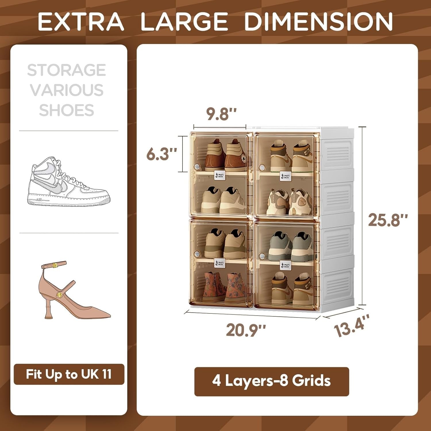 Stackable Shoe Storage Cabinet 2x4 Layer Magnetic Door Foldable Brown