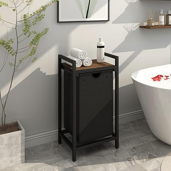 Black Walnut Laundry Hamper with Removable Bag & Wood Top Shelf for Small Spaces