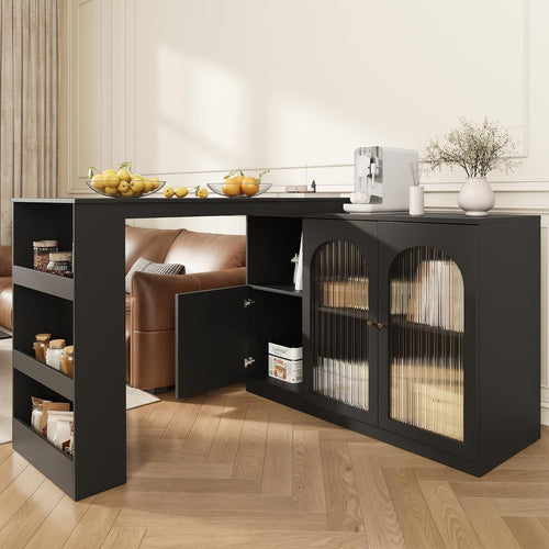 360° Rotating Kitchen Island Bar Cabinet with Glass Doors & Storage Shelves
