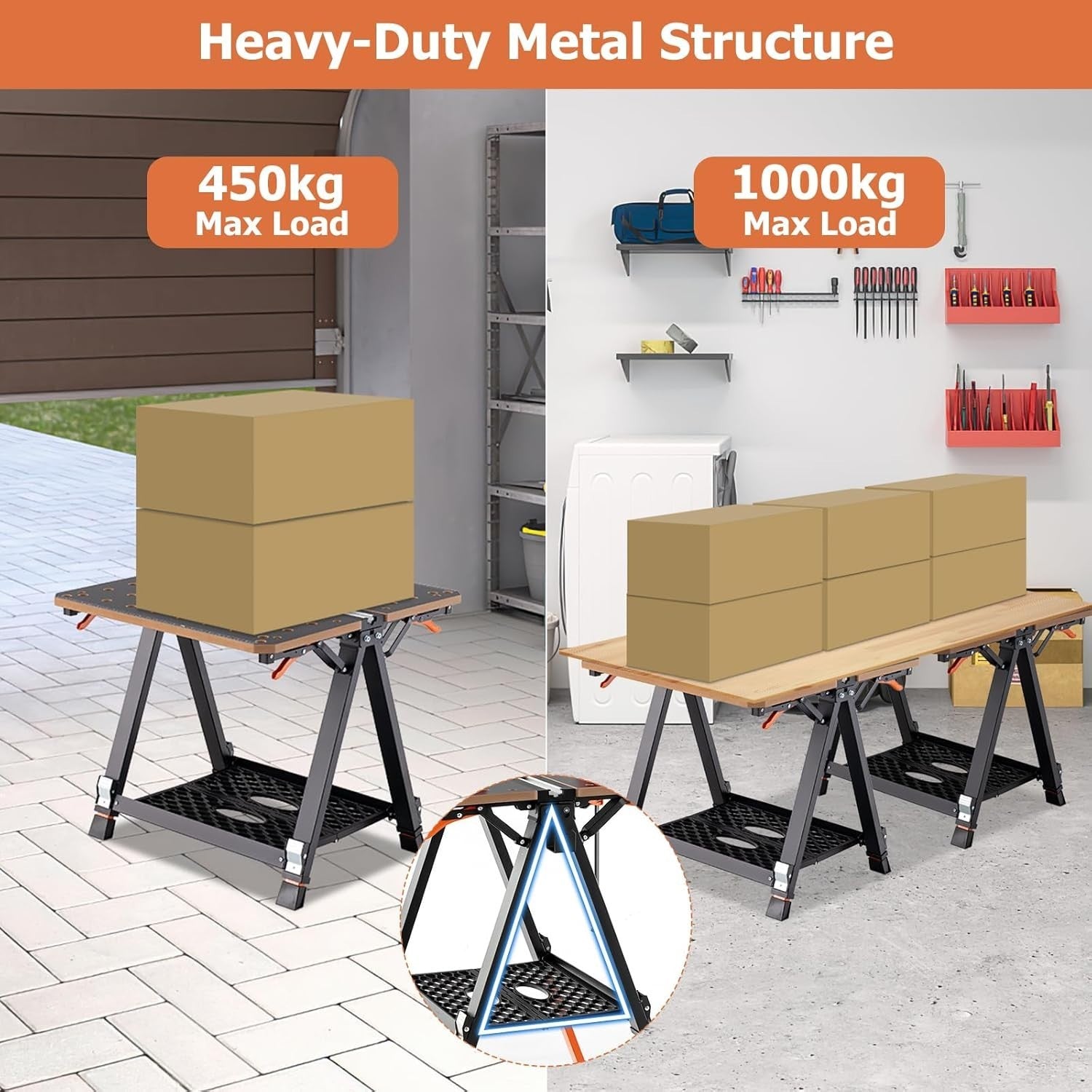 Folding Workbench 70x65cm Adjustable Height Sawhorse 450kg Table Orange
