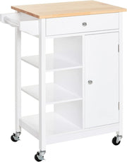 Kitchen Island Trolley on Wheels with Wood Top Cupboard Shelves White