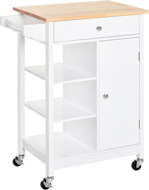 Kitchen Island Trolley on Wheels with Wood Top Cupboard Shelves White