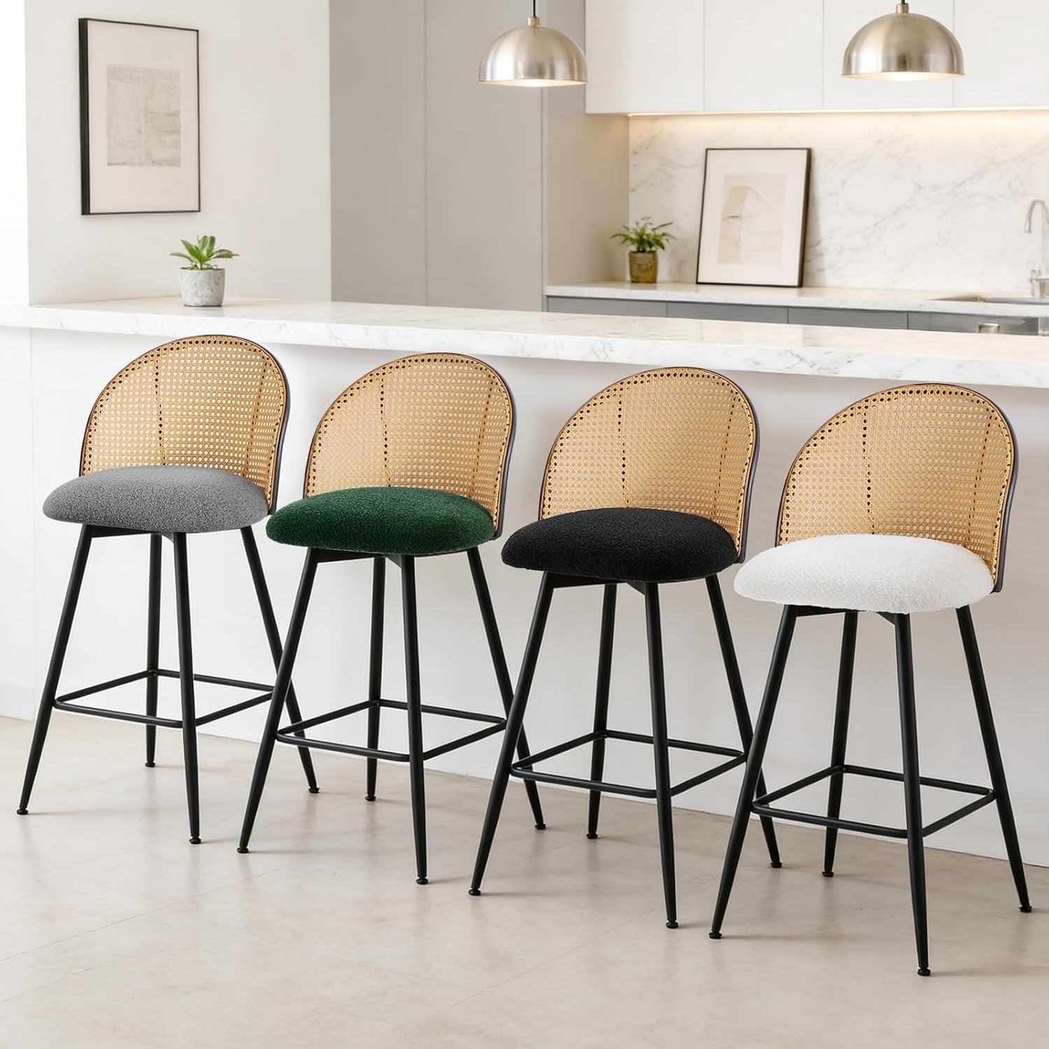 Swivel Bar Stools Set of 4 Rattan Back Upholstered Counter Height Kitchen Seats