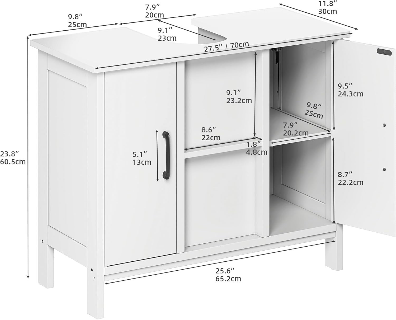 Under Sink Bathroom Cabinet White Storage Unit – 2 Doors, Slim Design, 70x30x60