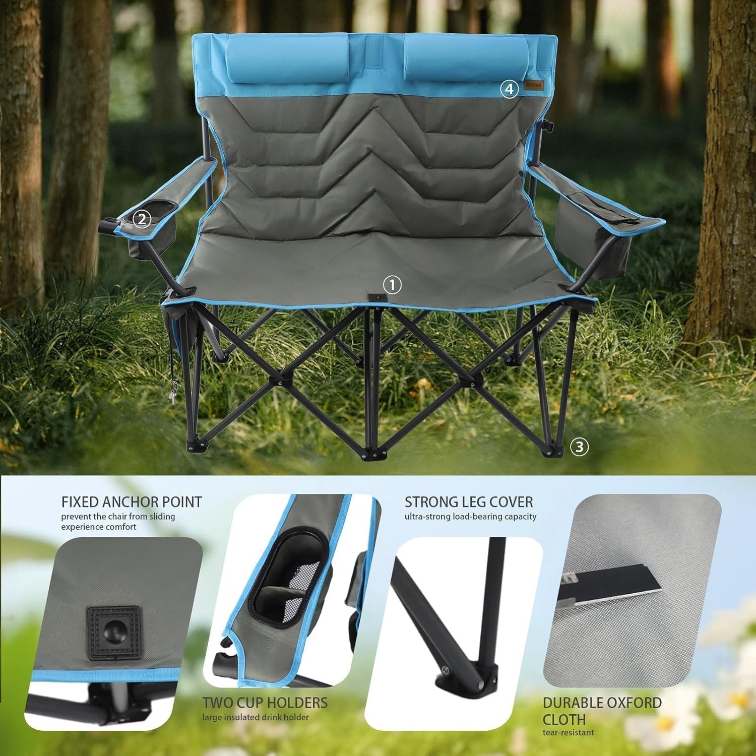Double Folding Camping Chair 2-Seater Heavy Duty Cooler Cup Holders 650lbs