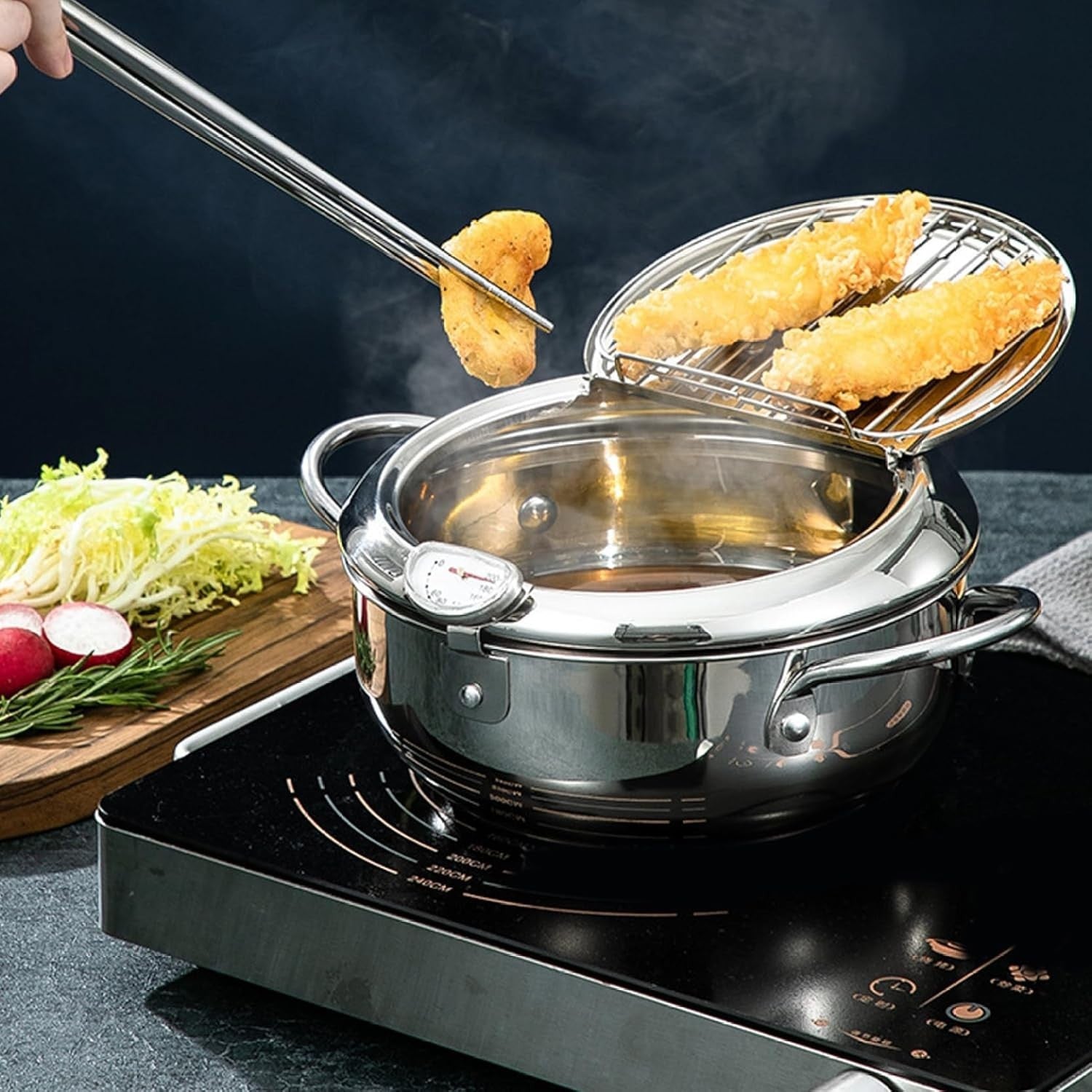 4.2L Japanese Tempura Frying Pot Stainless Steel w Thermometer Rack