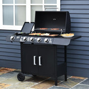 4+1 Gas BBQ Grill w/ Side Burner, Smoker Lid, Storage Cabinet & Wheels