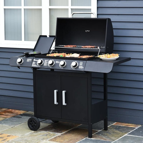 4+1 Gas BBQ Grill w/ Side Burner, Smoker Lid, Storage Cabinet & Wheels
