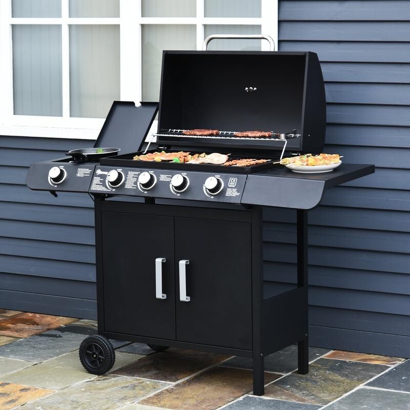 4+1 Gas BBQ Grill w/ Side Burner, Smoker Lid, Storage Cabinet & Wheels
