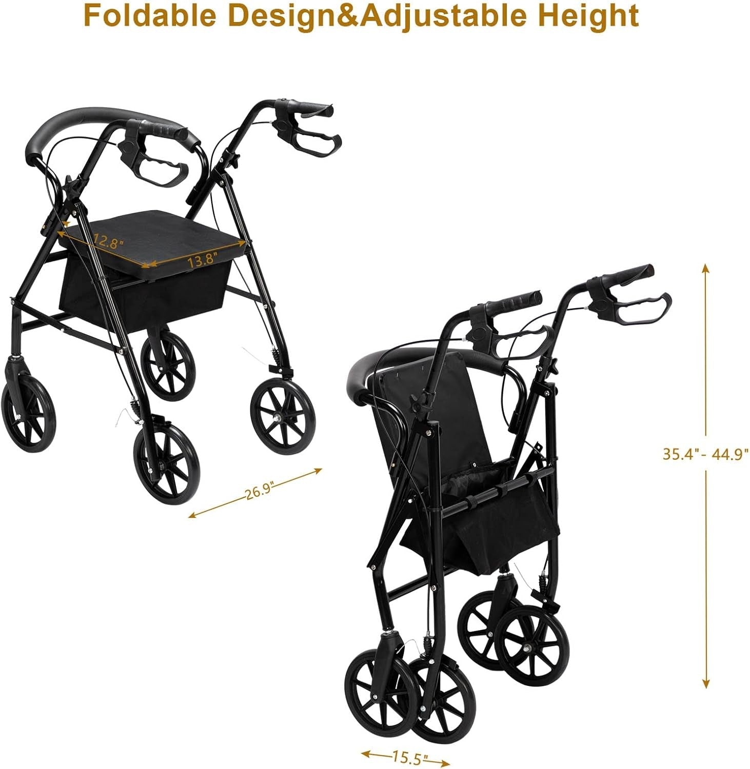Lightweight Rollator Walker with Seat Folding All Terrain 8” Wheels