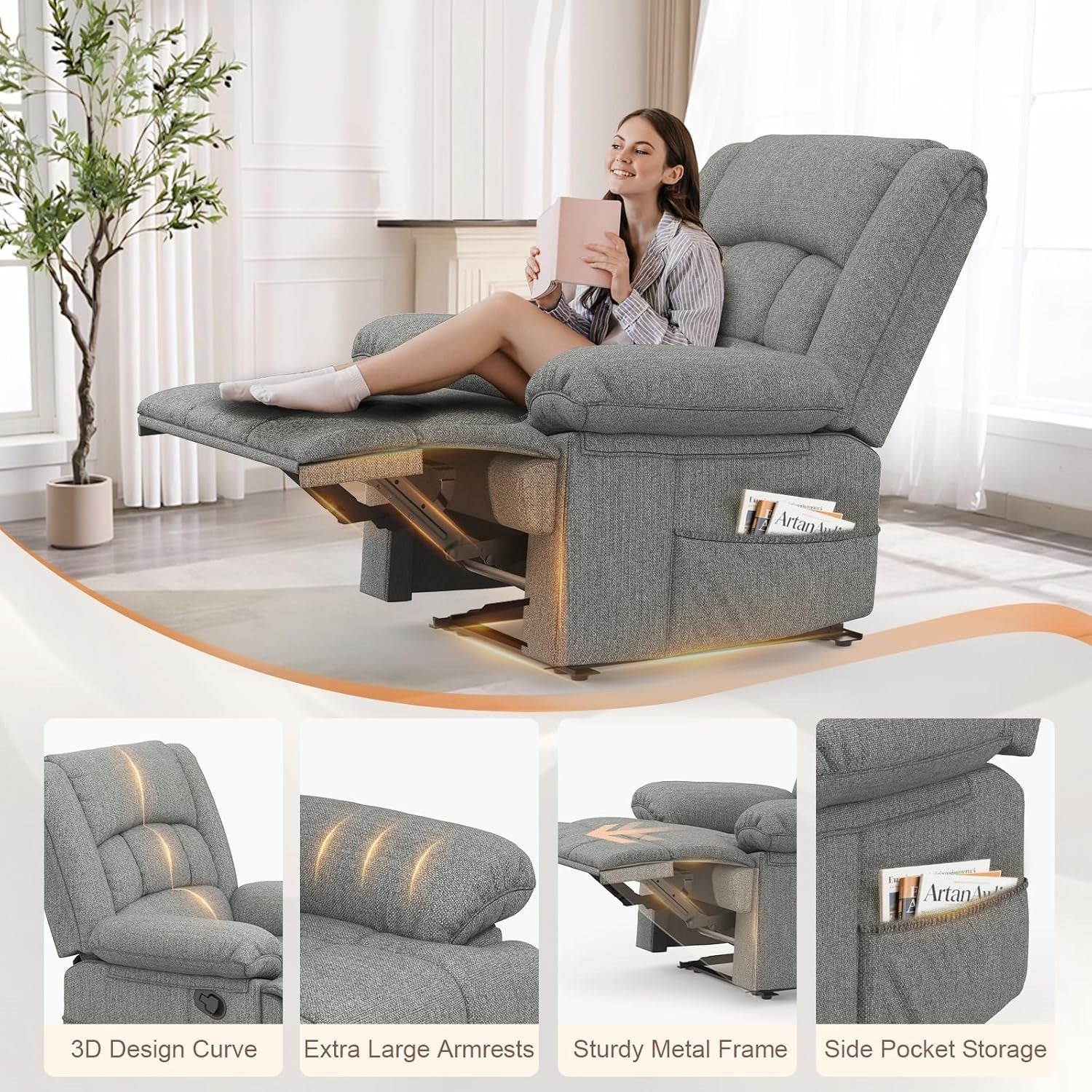 Manual Recliner Chair Massage Heat 135° Recline Footrest Dual Pockets Light Grey