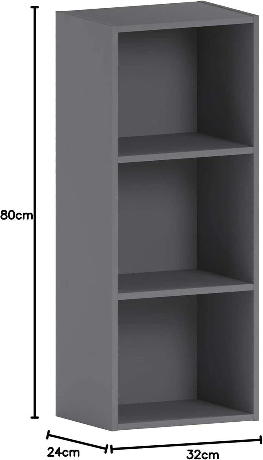 3 Tier Grey Wooden Cube Bookcase Small Storage Shelf for Living Room Office