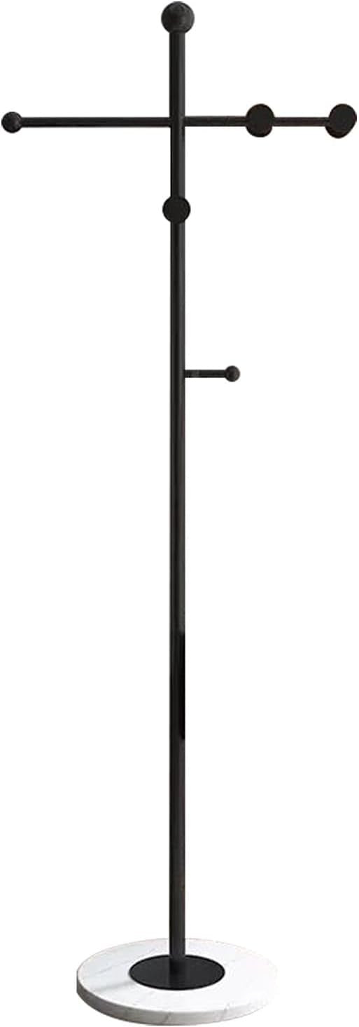 Modern T-Shaped Metal Coat Rack Marble Base Stand with 8 Hooks for Home Office