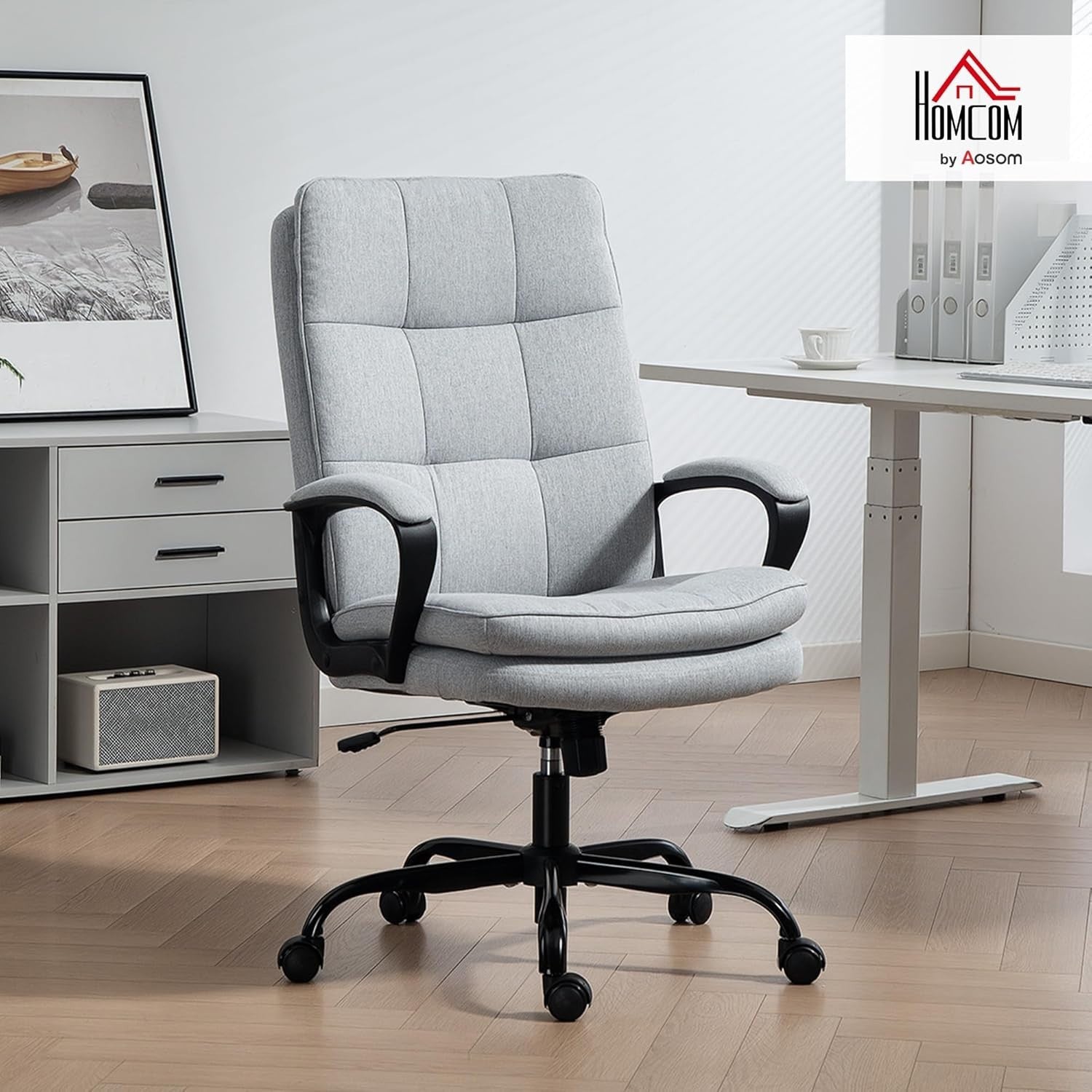 Office Desk Chair High Back Padded Linen Swivel Adjustable Tilt Wheels Grey