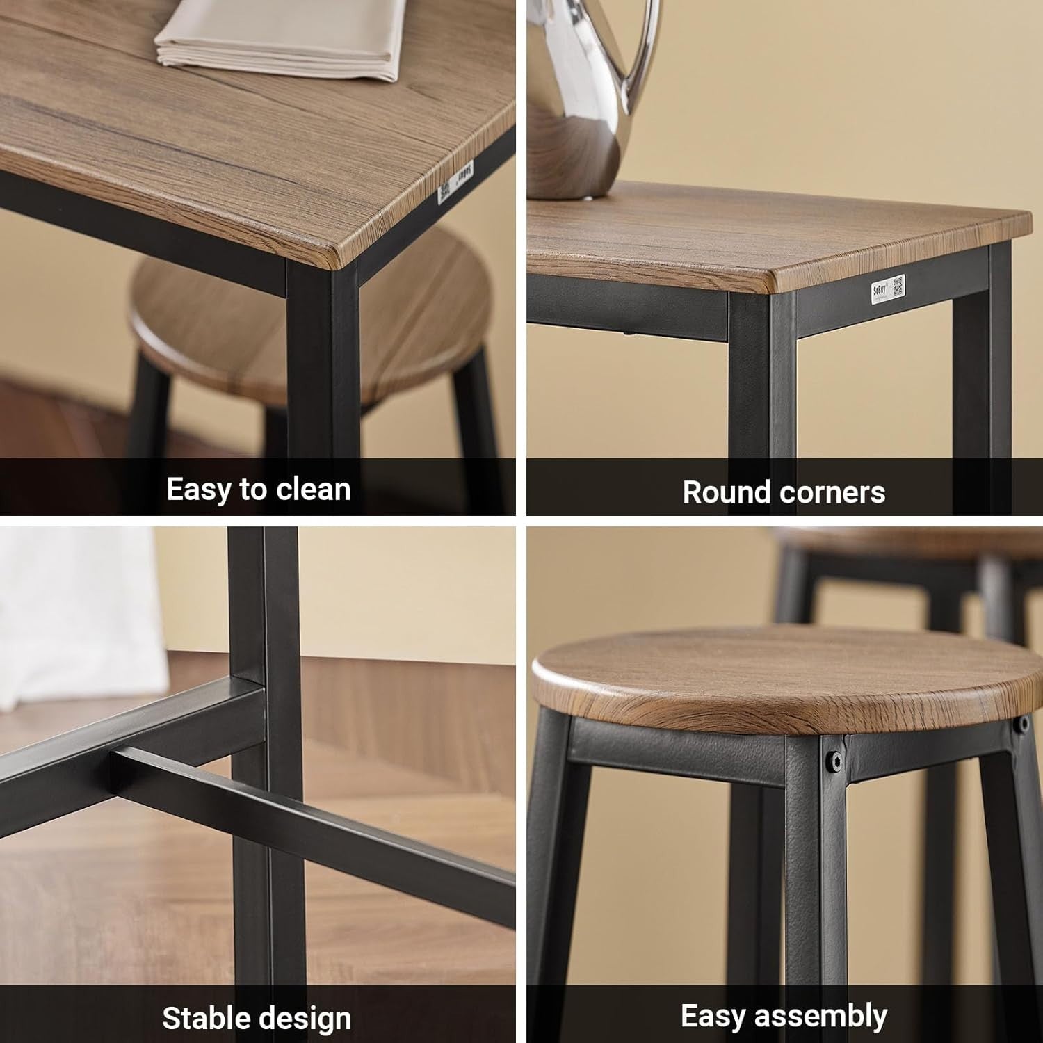 5-Piece Breakfast Bar Table Set with 4 Stools Wood Grain Top Metal Frame