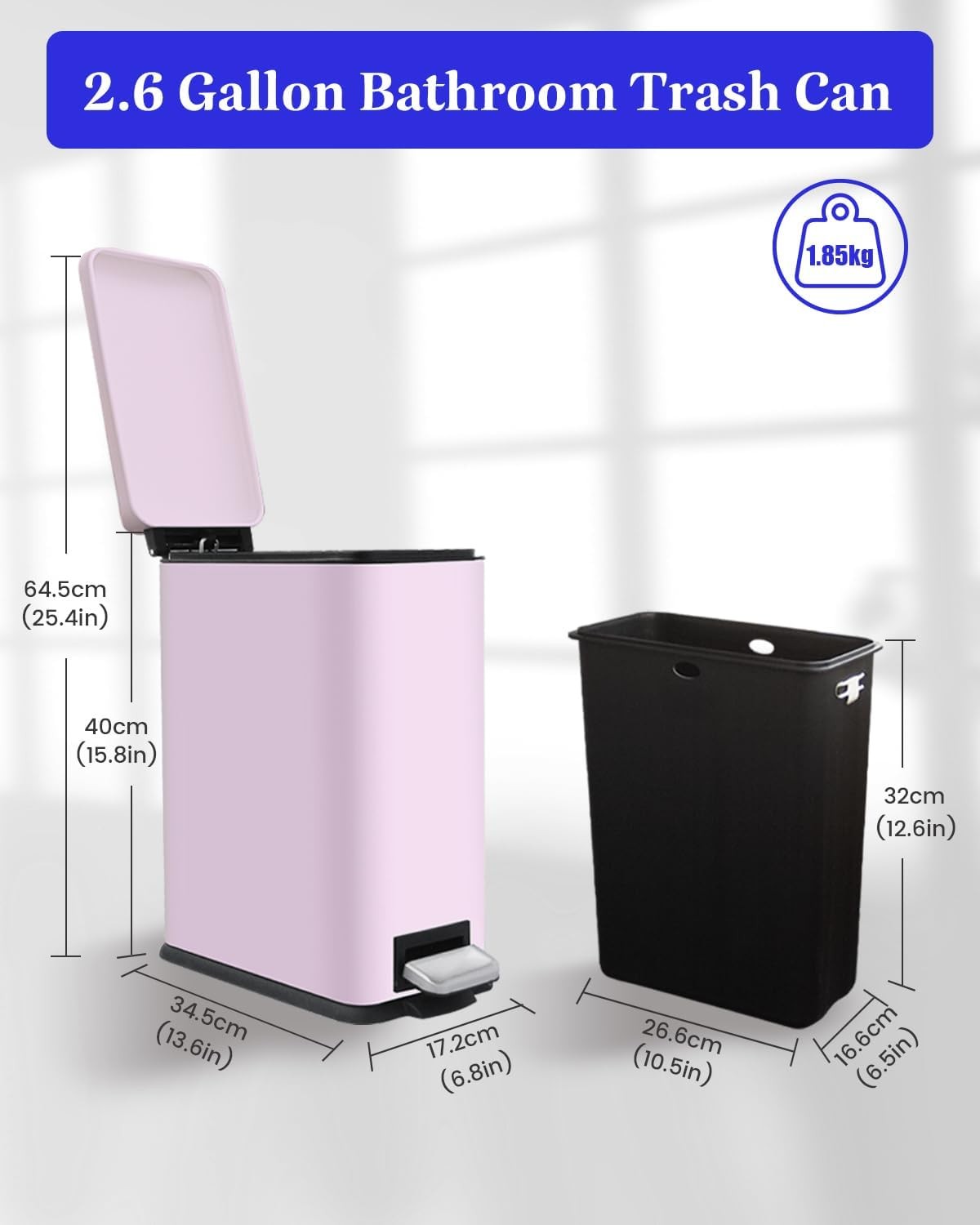 10L Pink Stainless Steel Pedal Bin Slim Bathroom Soft Close Lid