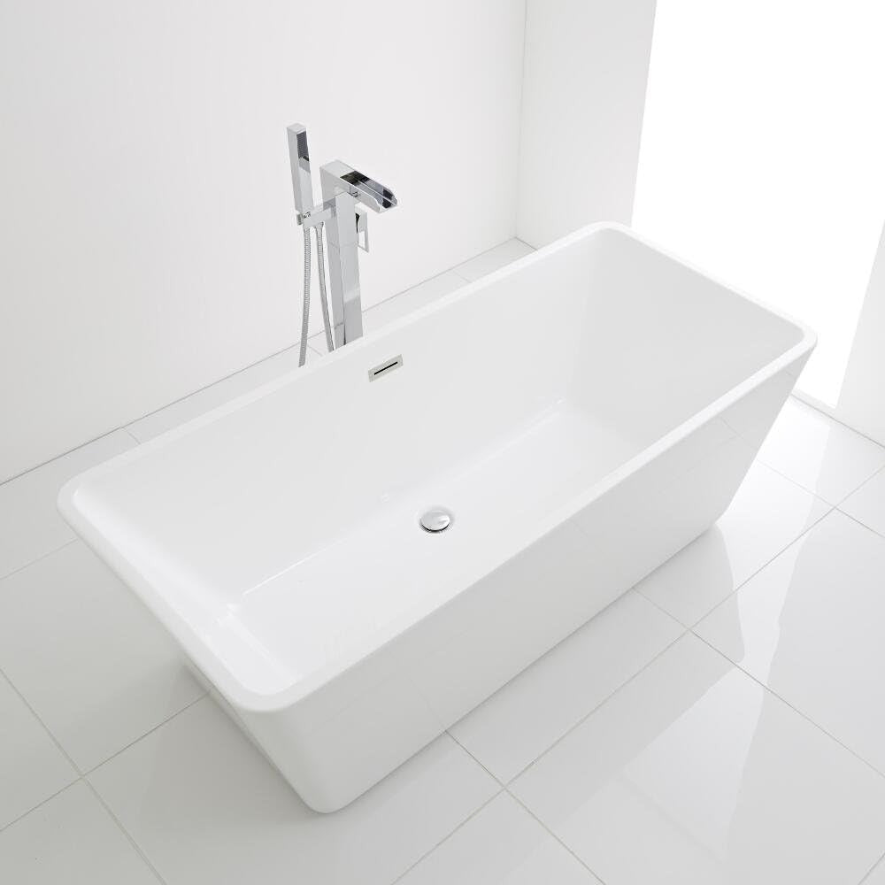 White Double Ended Freestanding Square Bath 1615x720mm Chrome Overflow